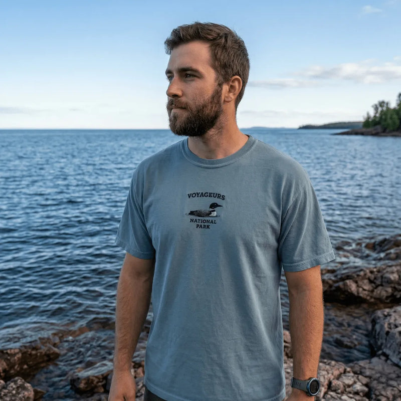 Voyageurs National Park loon premium embroidered t-shirt alternate apparel color or product angle
