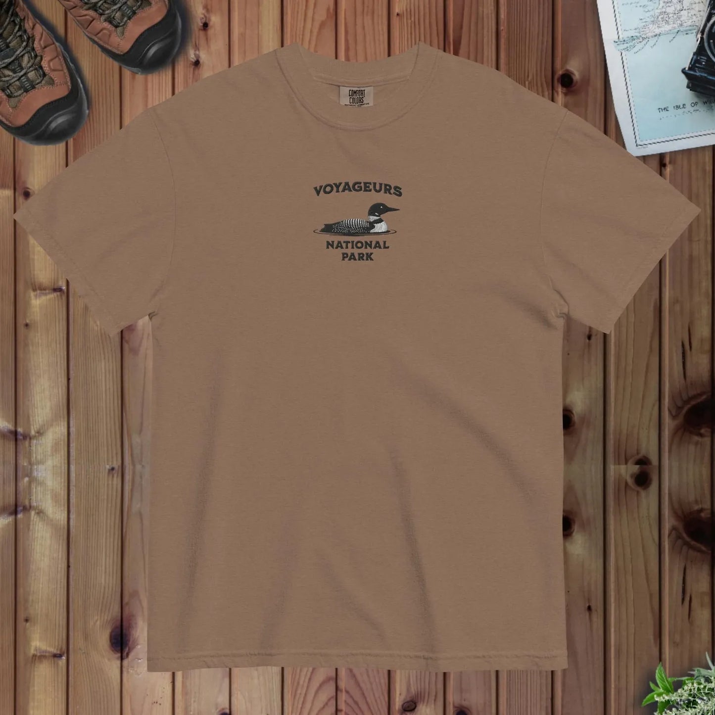 Voyageurs National Park loon premium embroidered t-shirt detail or alternate product view