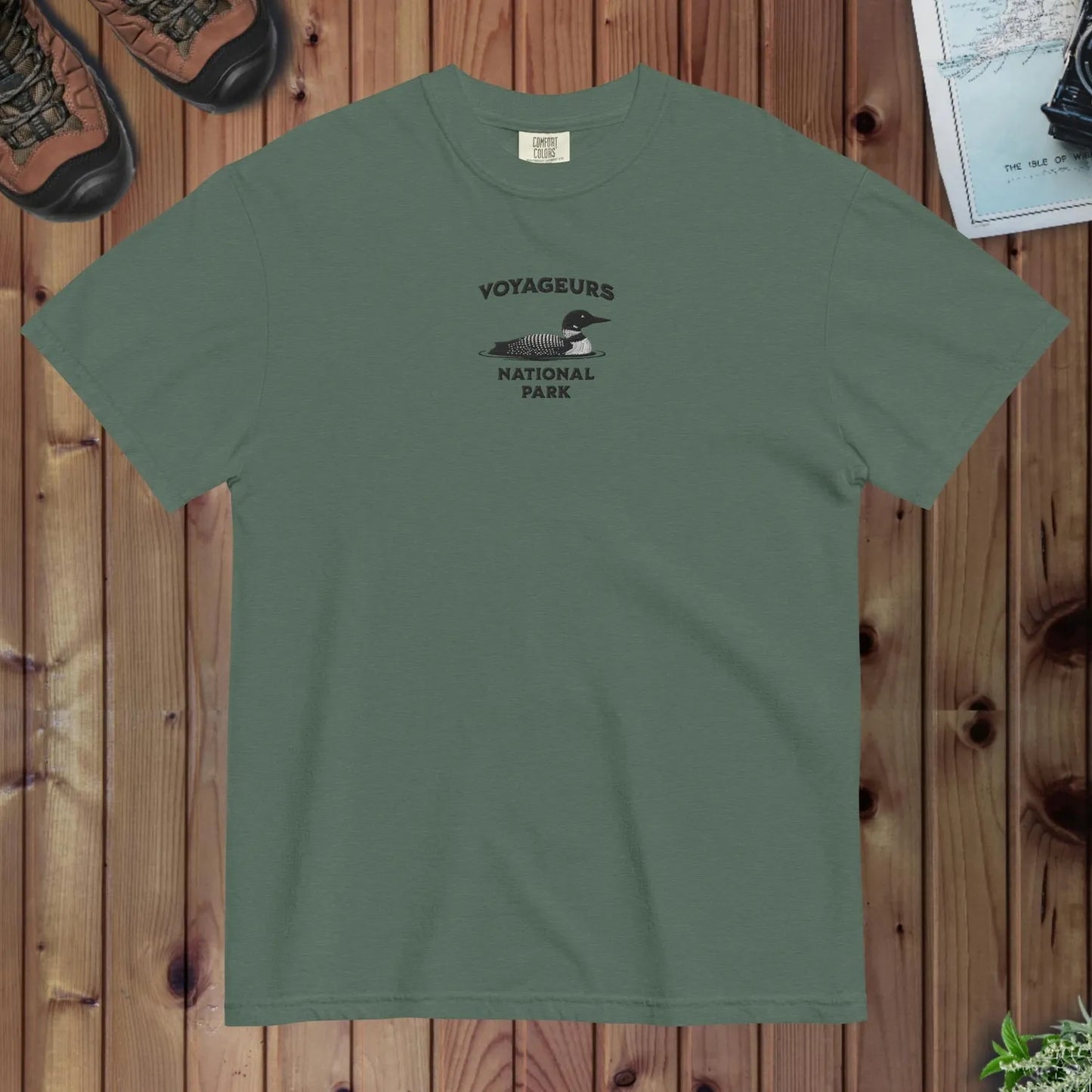 Voyageurs National Park loon premium embroidered t-shirt alternate apparel color or product angle