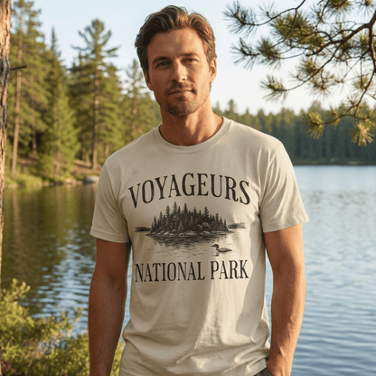 Voyageurs National Park rustic graphic t-shirt shown in lifestyle or modeled setting