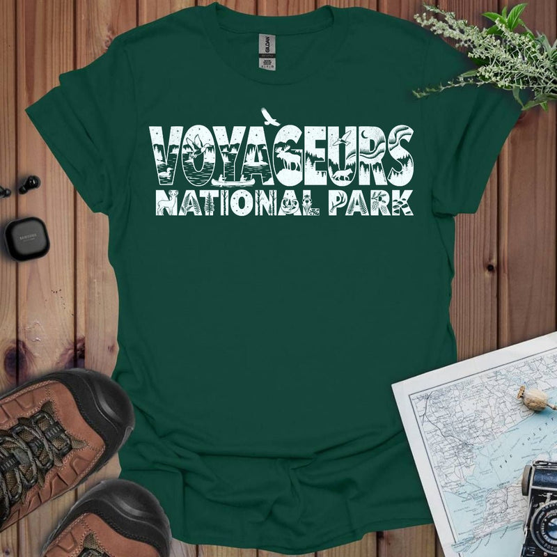 Voyageurs National Park silhouette graphic t-shirt detail or alternate product view