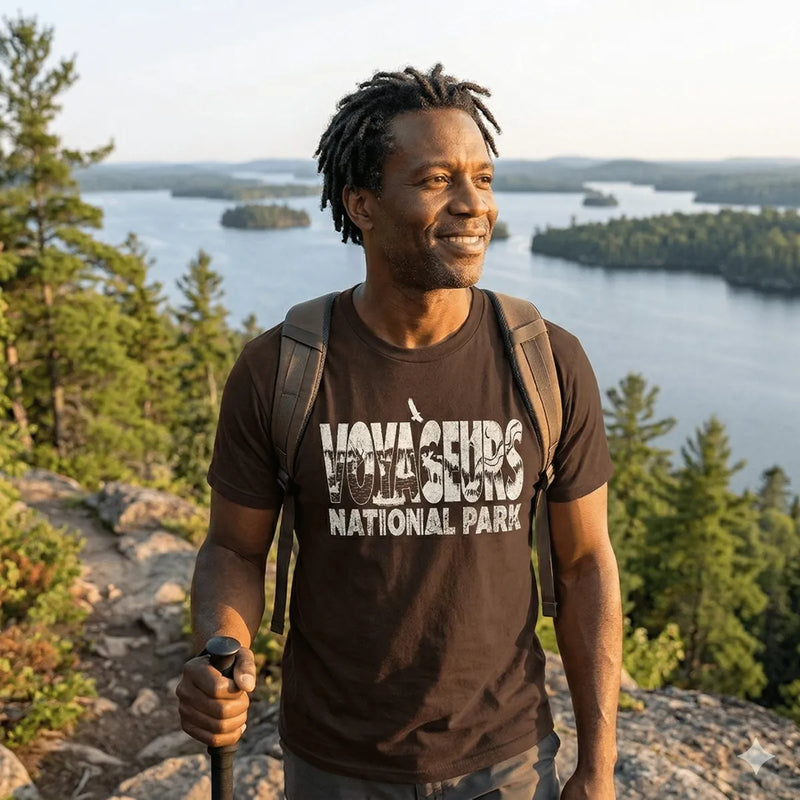 Voyageurs National Park silhouette graphic t-shirt shown in lifestyle or modeled setting