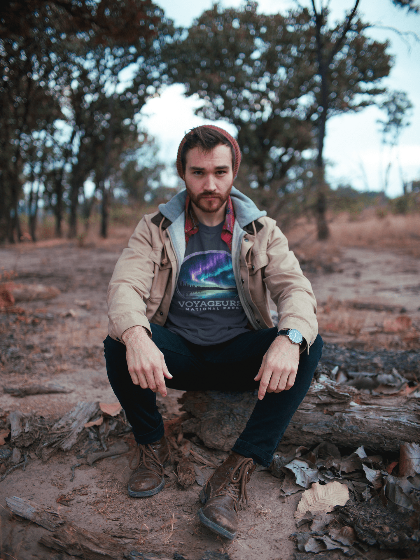 Voyageurs National Park rustic northern lights graphic t-shirt shown in lifestyle or modeled setting