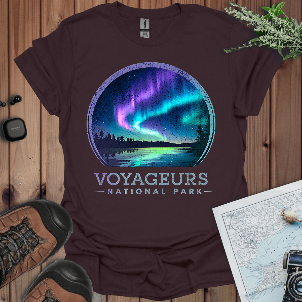 Voyageurs National Park rustic northern lights graphic t-shirt shown in lifestyle or modeled setting