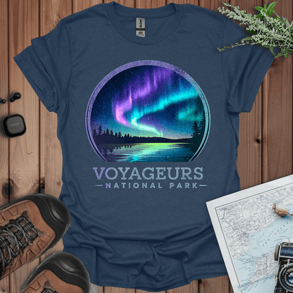 Voyageurs National Park rustic northern lights graphic t-shirt detail or alternate product view