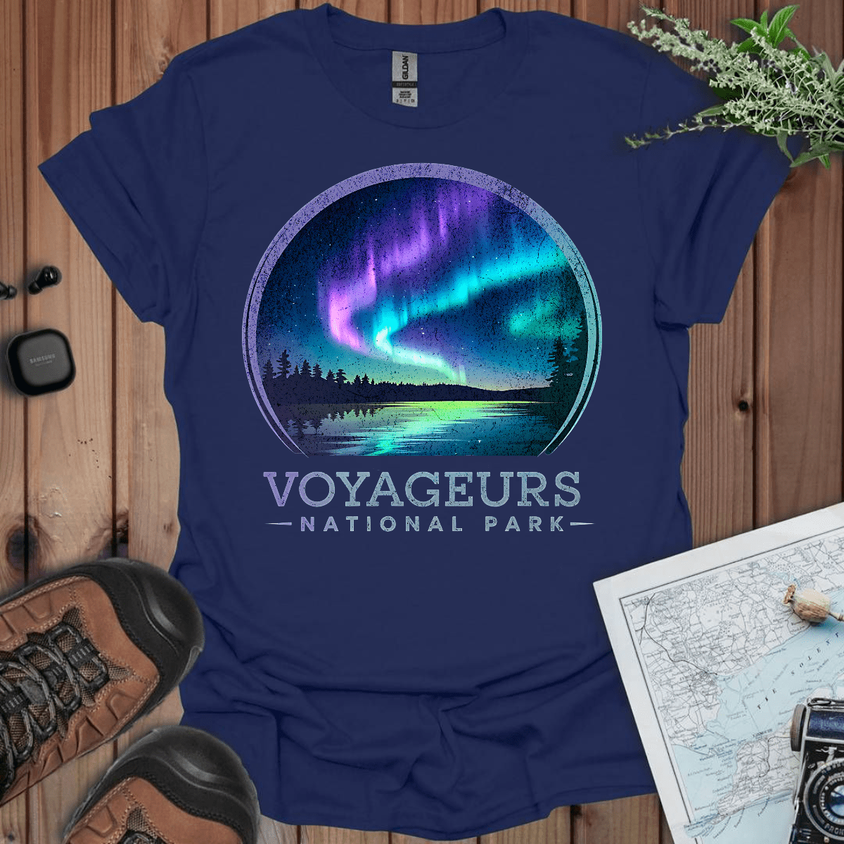 Voyageurs National Park rustic northern lights graphic t-shirt shown from alternate product angle