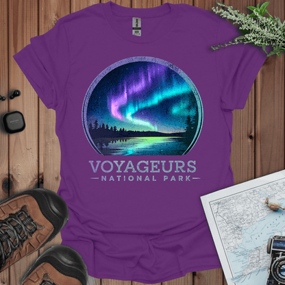 Voyageurs National Park rustic northern lights graphic t-shirt detail or alternate product view