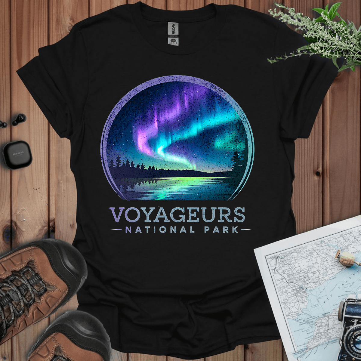 Voyageurs National Park rustic northern lights graphic t-shirt primary product view