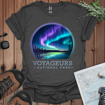 Voyageurs National Park rustic northern lights graphic t-shirt shown from alternate product angle
