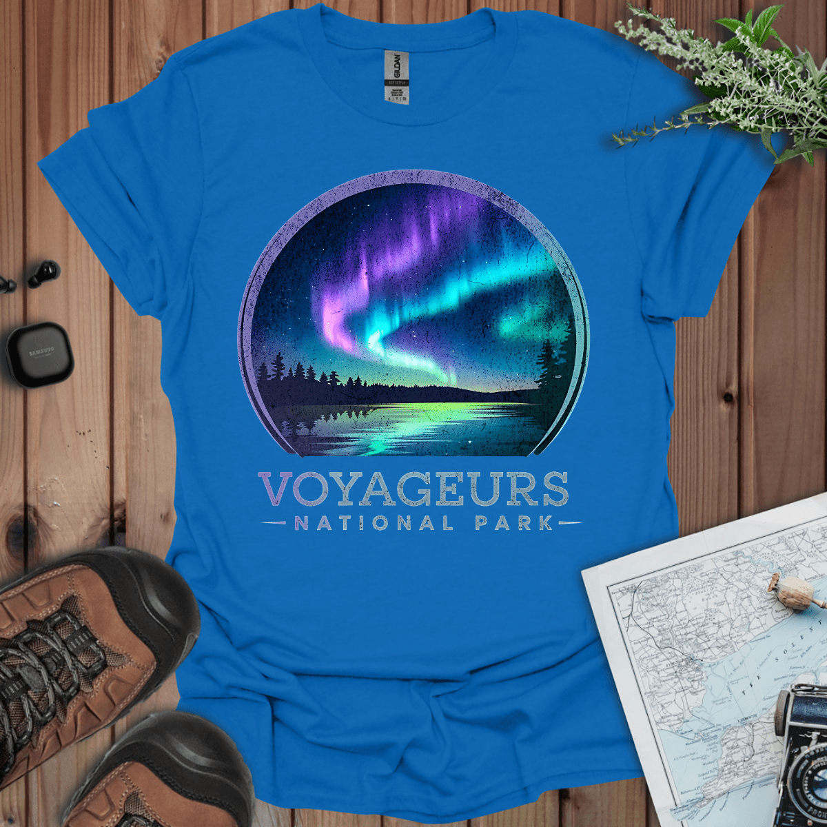 Voyageurs National Park rustic northern lights graphic t-shirt detail or alternate product view