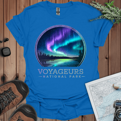 Voyageurs National Park rustic northern lights graphic t-shirt detail or alternate product view