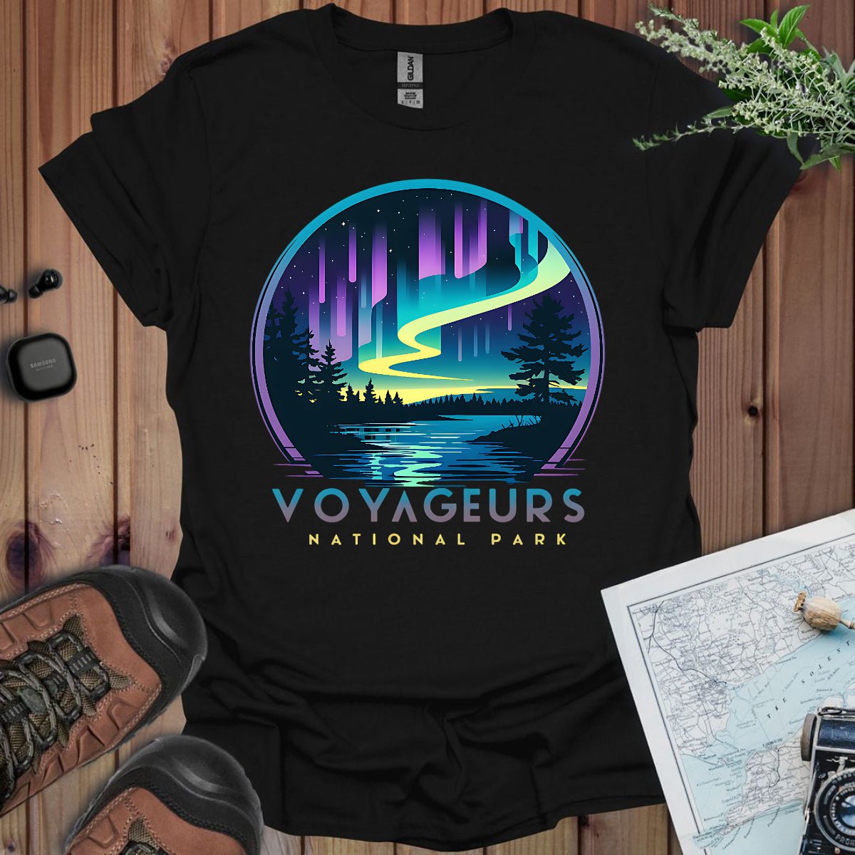 Voyageurs National Park northern lights aurora borealis graphic t-shirt shown in lifestyle or modeled setting