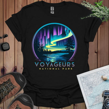 Voyageurs National Park northern lights aurora borealis graphic t-shirt shown in lifestyle or modeled setting