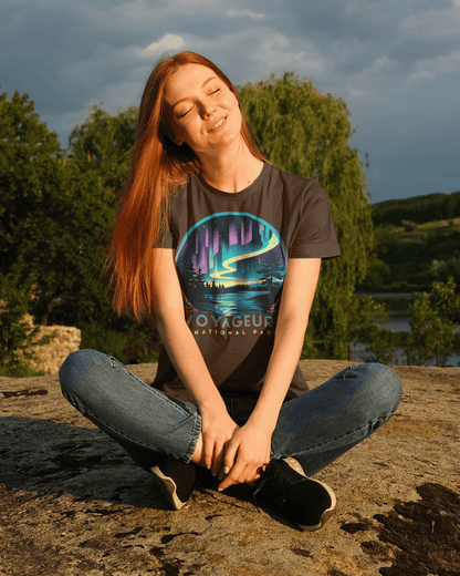 Voyageurs National Park northern lights aurora borealis graphic t-shirt shown from alternate product angle