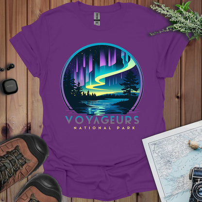 Voyageurs National Park northern lights aurora borealis graphic t-shirt detail or alternate product view