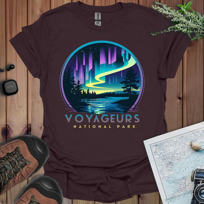 Voyageurs National Park northern lights aurora borealis graphic t-shirt shown from alternate product angle
