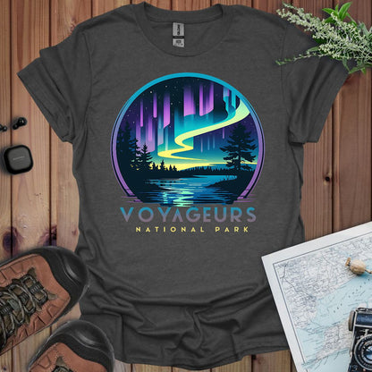 Voyageurs National Park northern lights aurora borealis graphic t-shirt detail or alternate product view