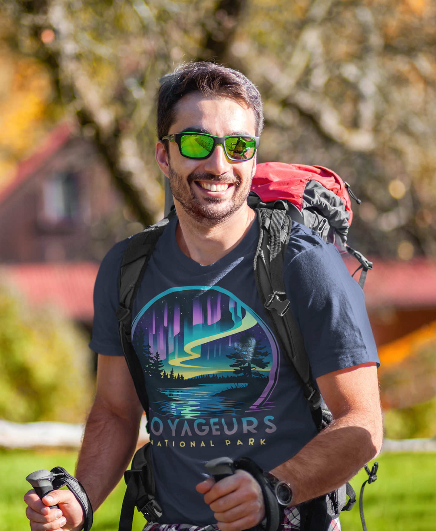 Voyageurs National Park northern lights aurora borealis graphic t-shirt shown from alternate product angle