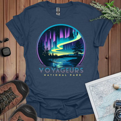 Voyageurs National Park northern lights aurora borealis graphic t-shirt detail or alternate product view