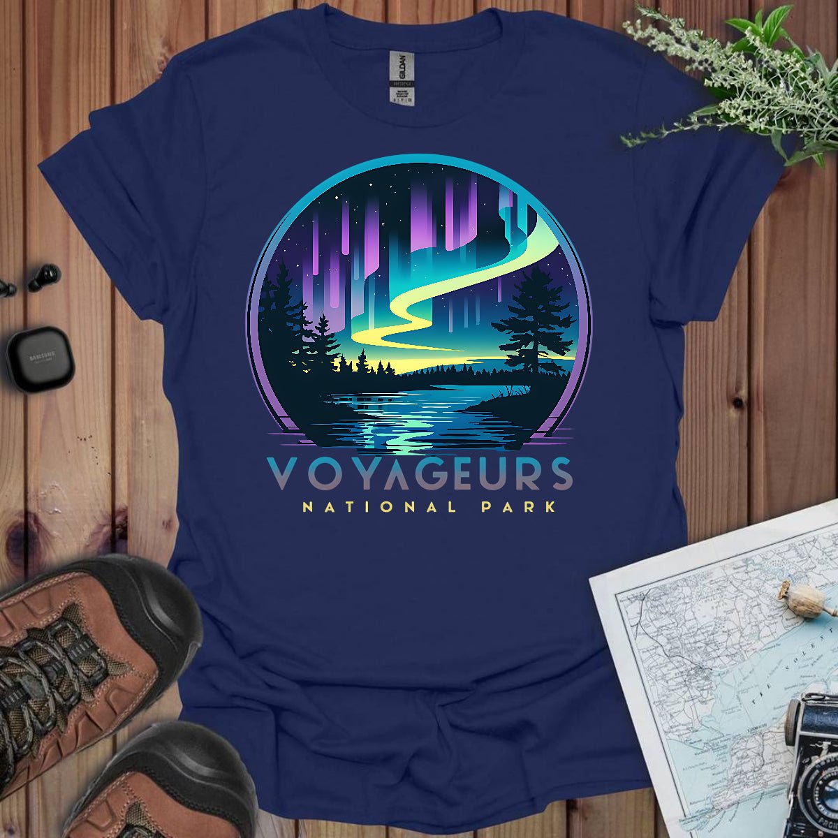 Voyageurs National Park northern lights aurora borealis graphic t-shirt primary product view