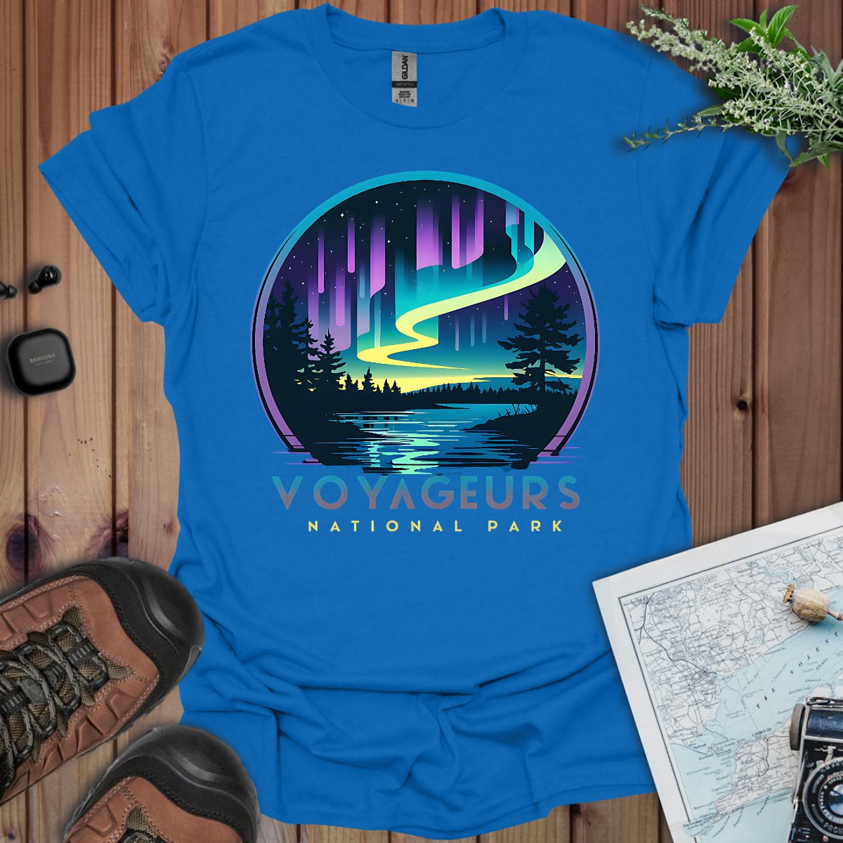 Voyageurs National Park northern lights aurora borealis graphic t-shirt detail or alternate product view