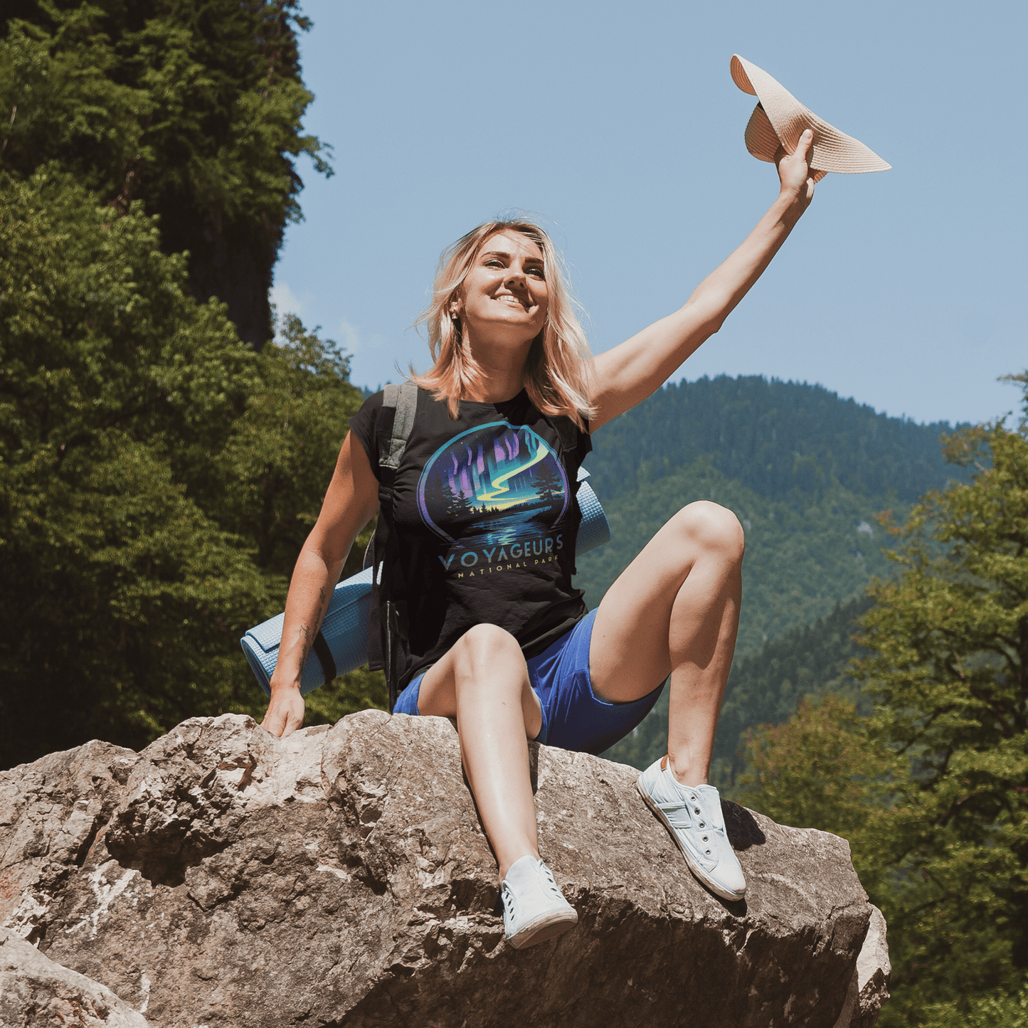 Voyageurs National Park northern lights aurora borealis graphic t-shirt shown in lifestyle or modeled setting
