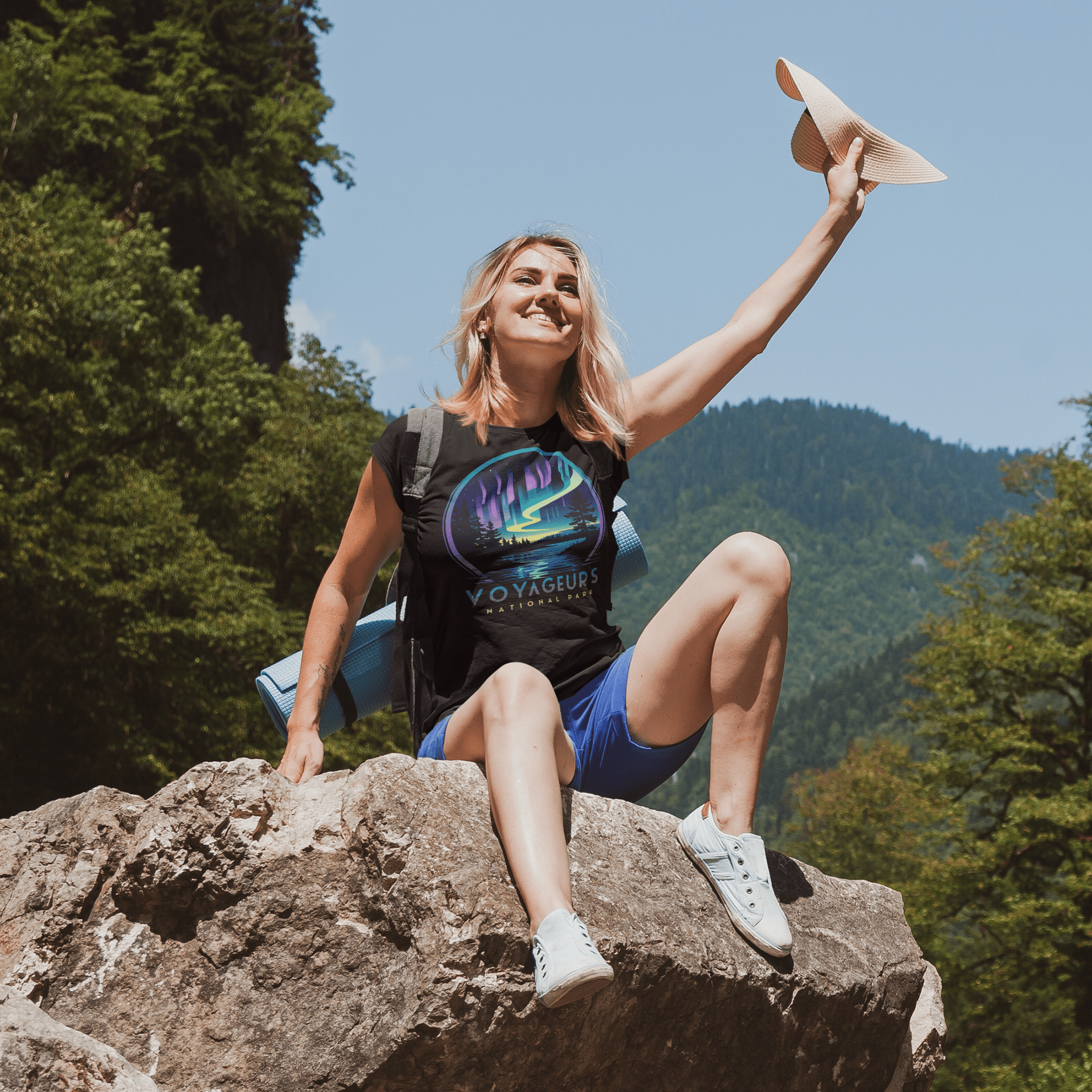 Voyageurs National Park northern lights aurora borealis graphic t-shirt shown in lifestyle or modeled setting