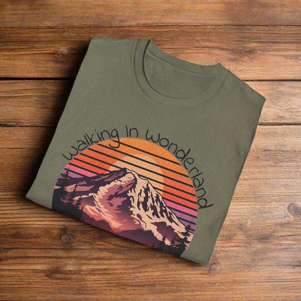 Walking In Wonderland Mount Rainier National Park graphic t-shirt shown in lifestyle or modeled setting