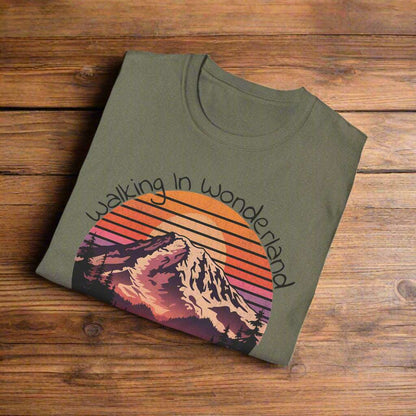 Walking In Wonderland Mount Rainier National Park graphic t-shirt shown in lifestyle or modeled setting