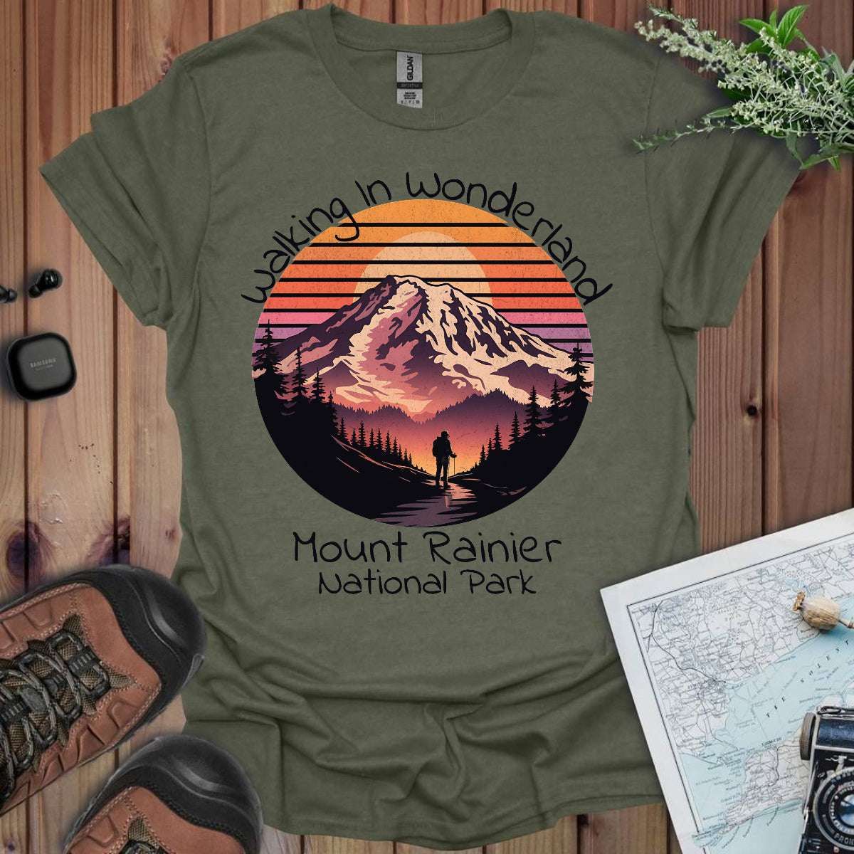 Walking In Wonderland Mount Rainier National Park graphic t-shirt shown in lifestyle or modeled setting