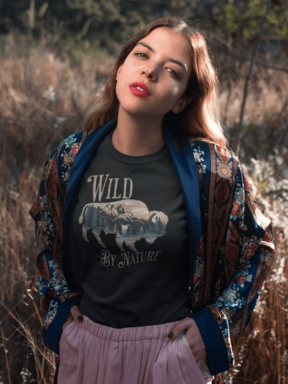 Wild By Nature scenic buffalo graphic t-shirt shown from alternate product angle