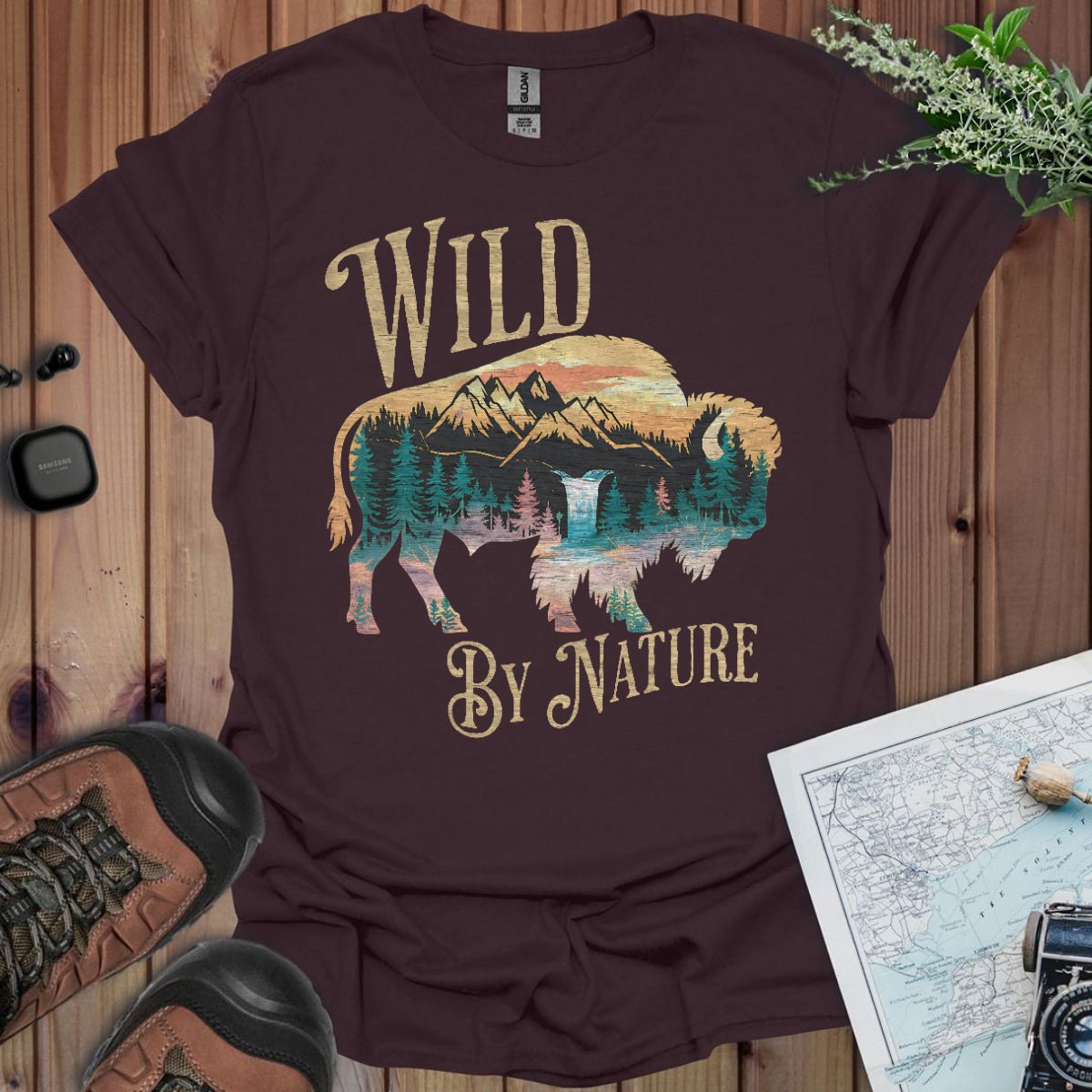 Wild By Nature scenic buffalo graphic t-shirt shown in lifestyle or modeled setting