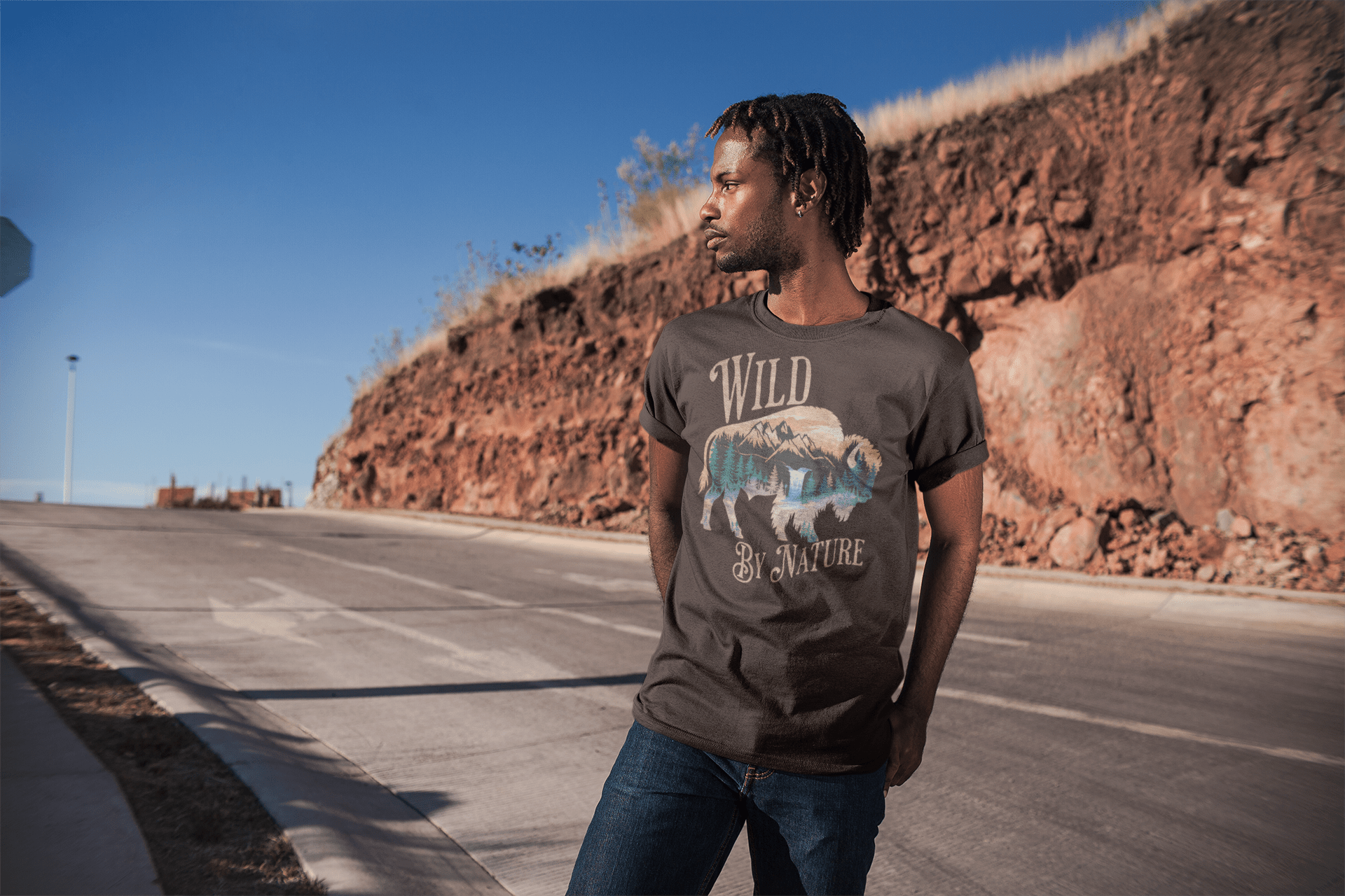 Wild By Nature scenic buffalo graphic t-shirt shown in lifestyle or modeled setting