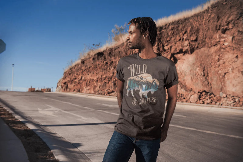 Wild By Nature scenic buffalo graphic t-shirt shown in lifestyle or modeled setting