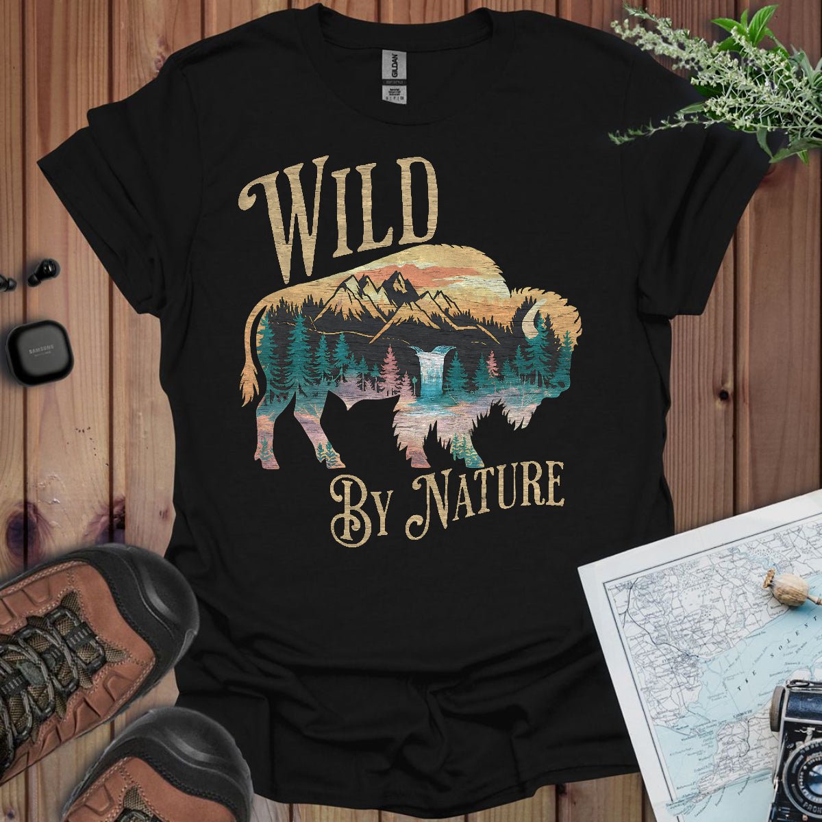 Wild By Nature scenic buffalo graphic t-shirt shown from alternate product angle