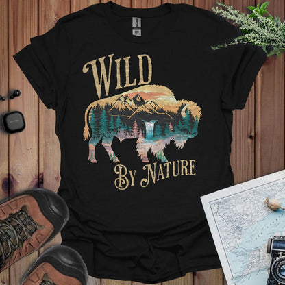 Wild By Nature scenic buffalo graphic t-shirt shown from alternate product angle