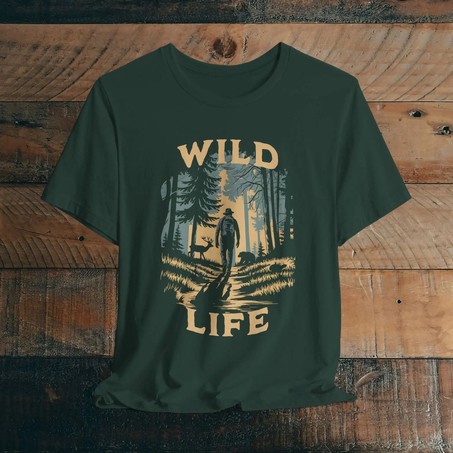 Wild Life Hike backpacker outdoor nature graphic t-shirt shown in lifestyle or modeled setting