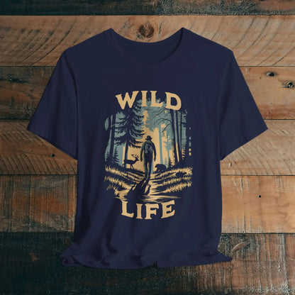 Wild Life Hike backpacker outdoor nature graphic t-shirt shown in lifestyle or modeled setting