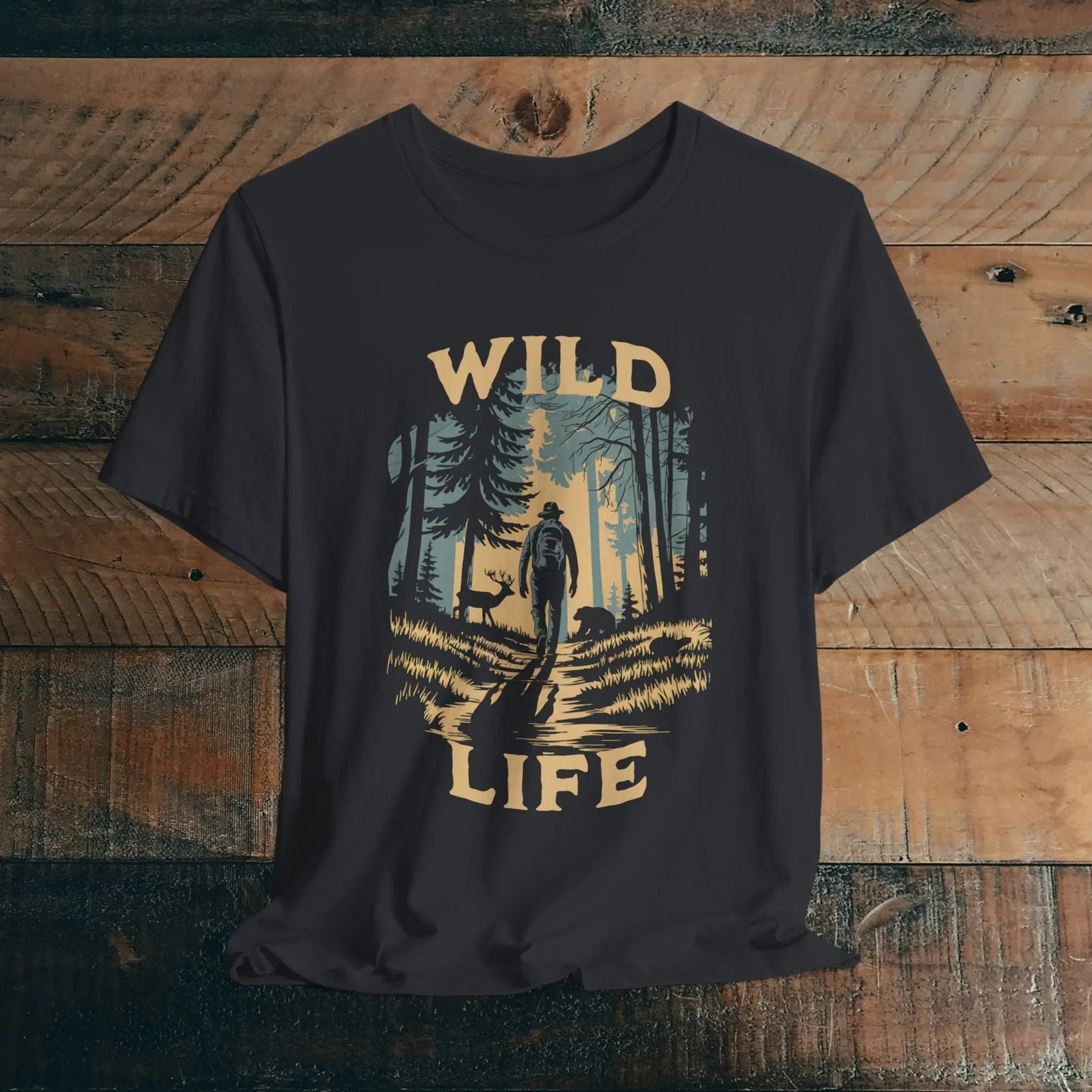 Wild Life Hike backpacker outdoor nature graphic t-shirt shown in alternate apparel color