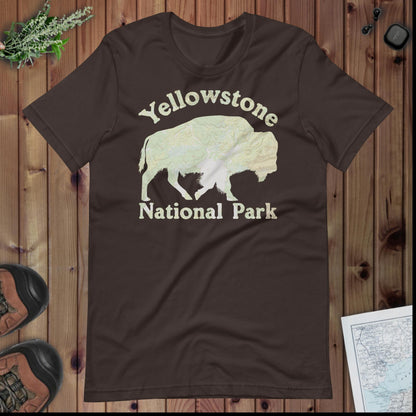 Yellowstone Bison national park topo t-shirt shown in lifestyle or modeled setting
