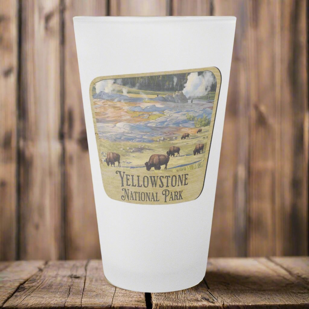 Yellowstone National Park wood sign frosted pint glass shown as primary product image