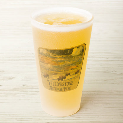 Yellowstone National Park wood sign frosted pint glass shown from alternate product angle