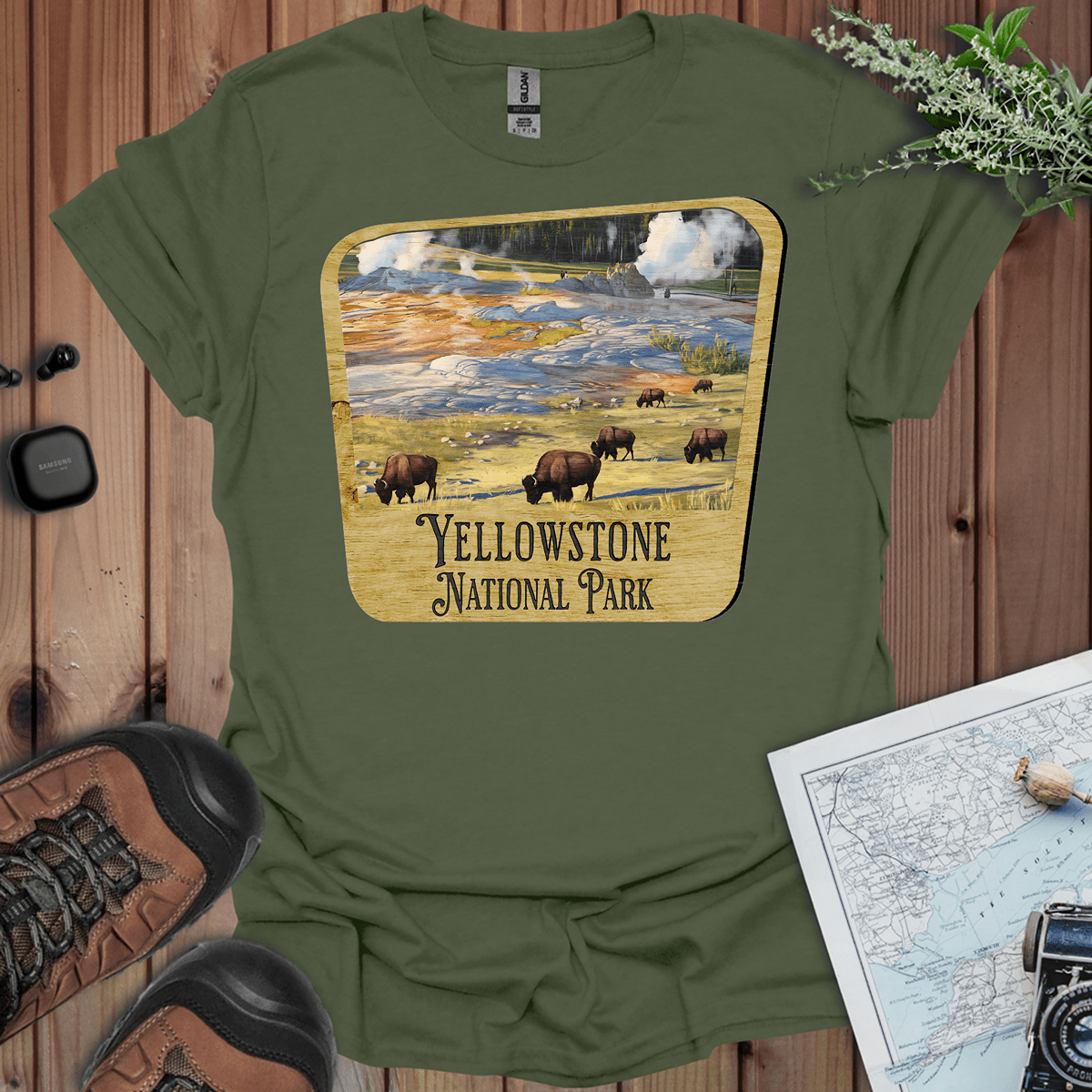 Yellowstone National Park wood sign graphic t-shirt detail or alternate product view