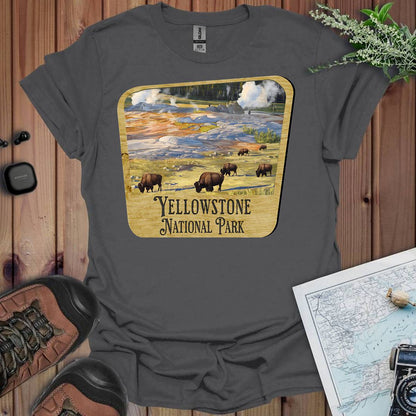 Yellowstone National Park wood sign graphic t-shirt shown from alternate product angle
