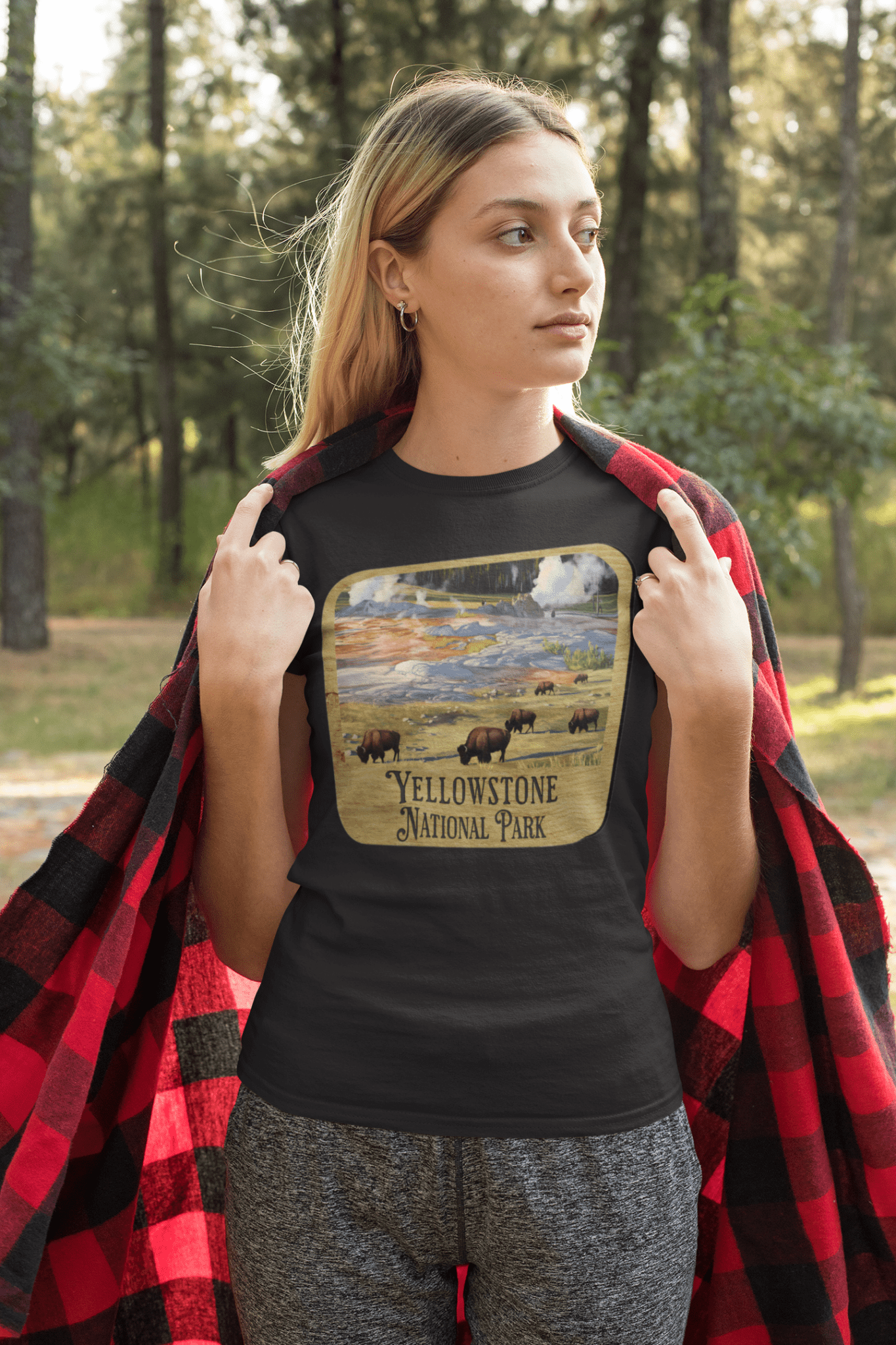 Yellowstone National Park wood sign graphic t-shirt shown from alternate product angle