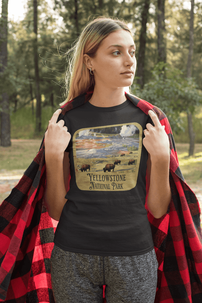 Yellowstone National Park wood sign graphic t-shirt shown from alternate product angle