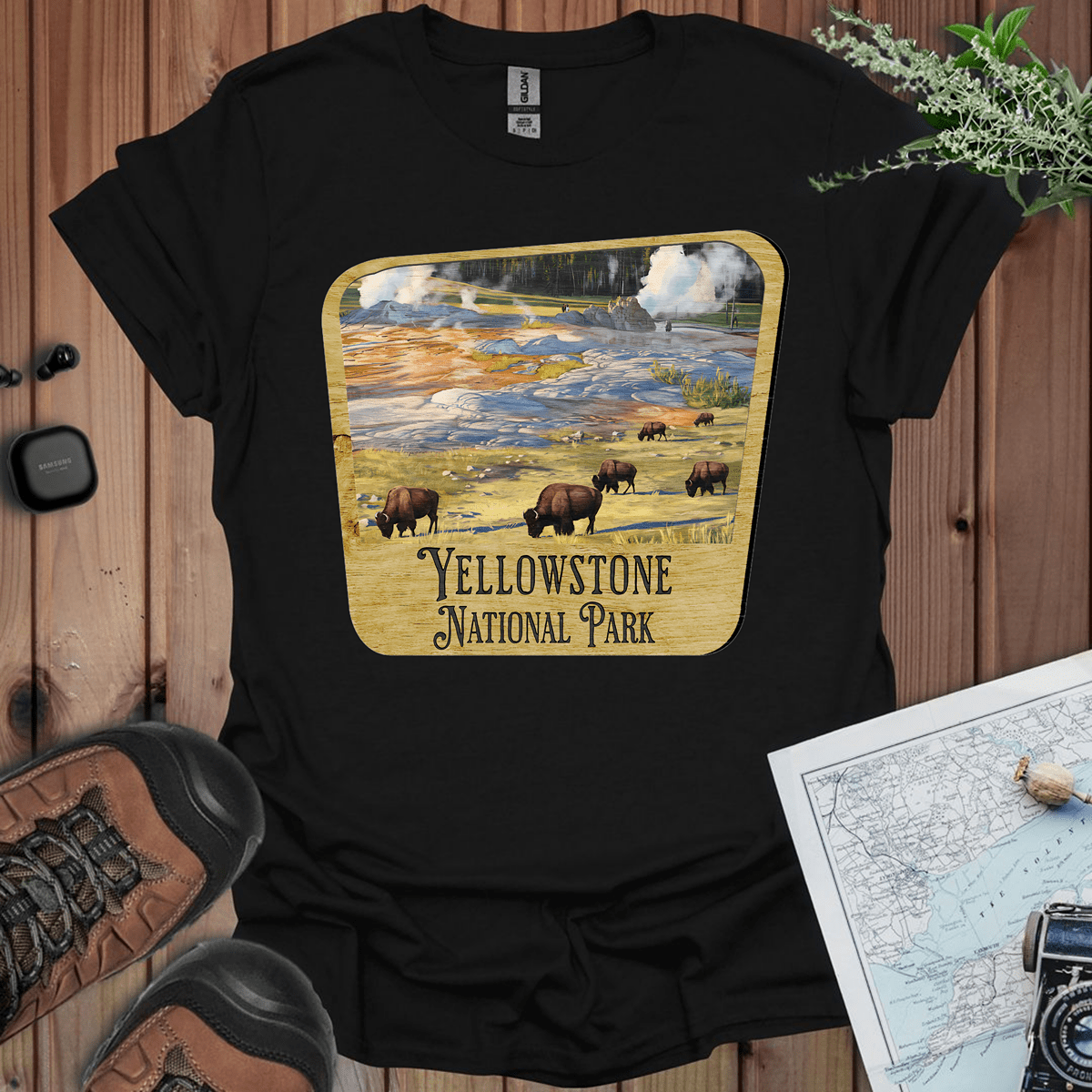 Yellowstone National Park wood sign graphic t-shirt primary product view