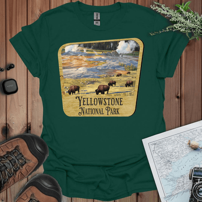 Yellowstone National Park wood sign graphic t-shirt shown in lifestyle or modeled setting