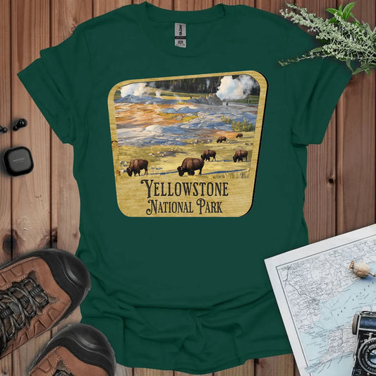 Yellowstone National Park wood sign graphic t-shirt shown in lifestyle or modeled setting