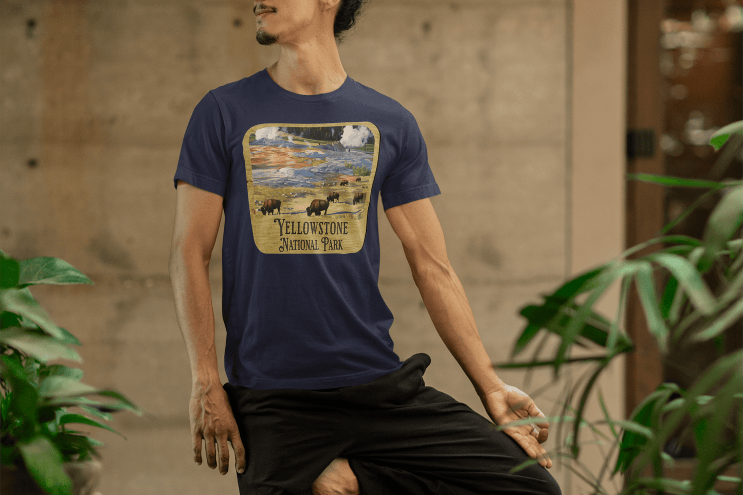 Yellowstone National Park wood sign graphic t-shirt shown in lifestyle or modeled setting
